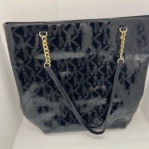 Michael Kors Jet Set NS Chain Tote Bag MK Signature Patent Leather Black